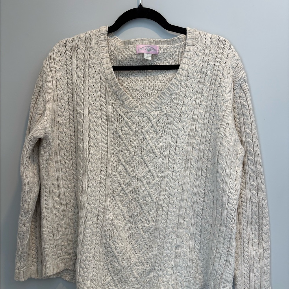 April Cornell Cream V-Neck Cable Knit Sweater